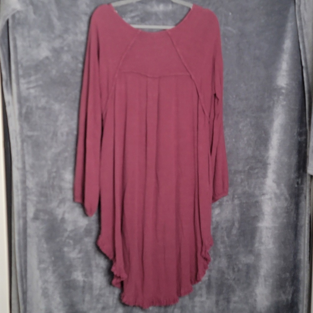 Umgee High Low Dress Large Maroon Linen Blend Fringed Hem Boho Lagenlook Peasant - Picture 6 of 10